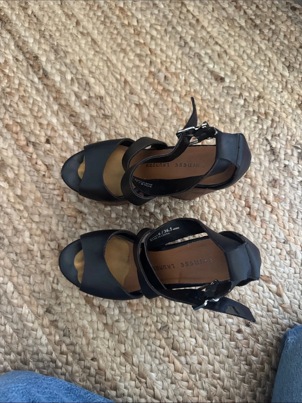Chinese Laundry Black Strappy Platform Sandals with Wood-Look Heel